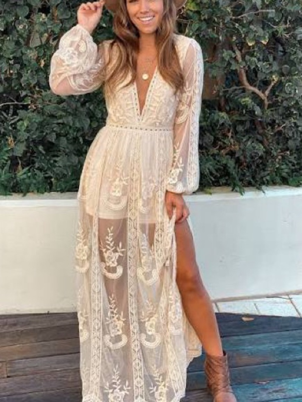 Sheer Lace Maxi Dress - Cream V-Neck Long Sleeve overlay women dress - Picture 3 of 5